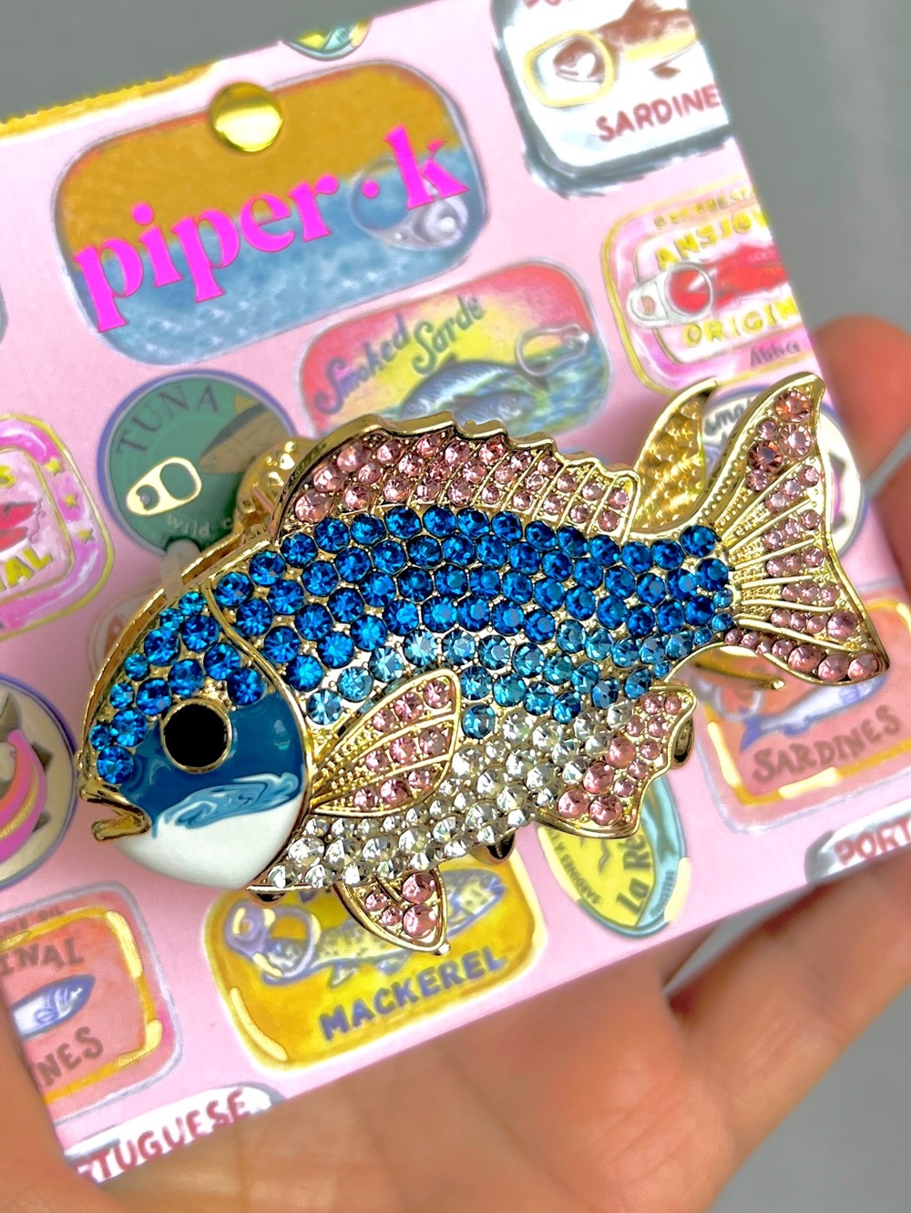 PIPER K Crystal Fish metal hair jaw clip blue pink white goldz